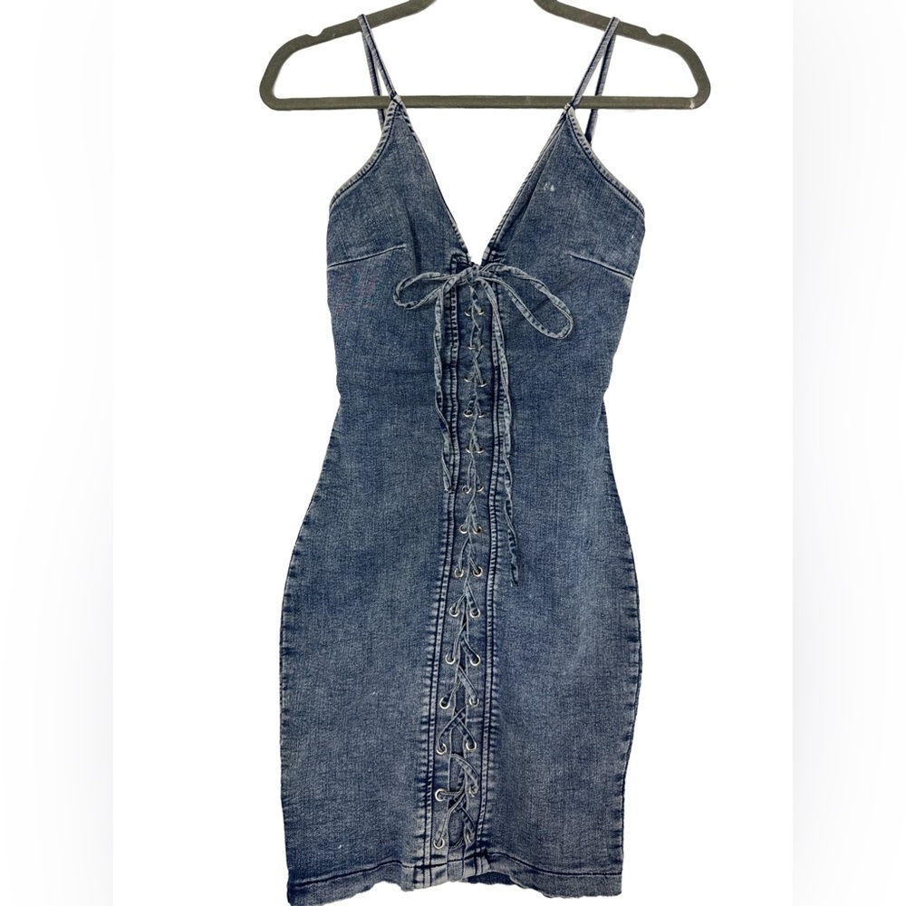 Windsor Lace Up Denim Bodycon Mini Dress Size Small Spaghetti Strap